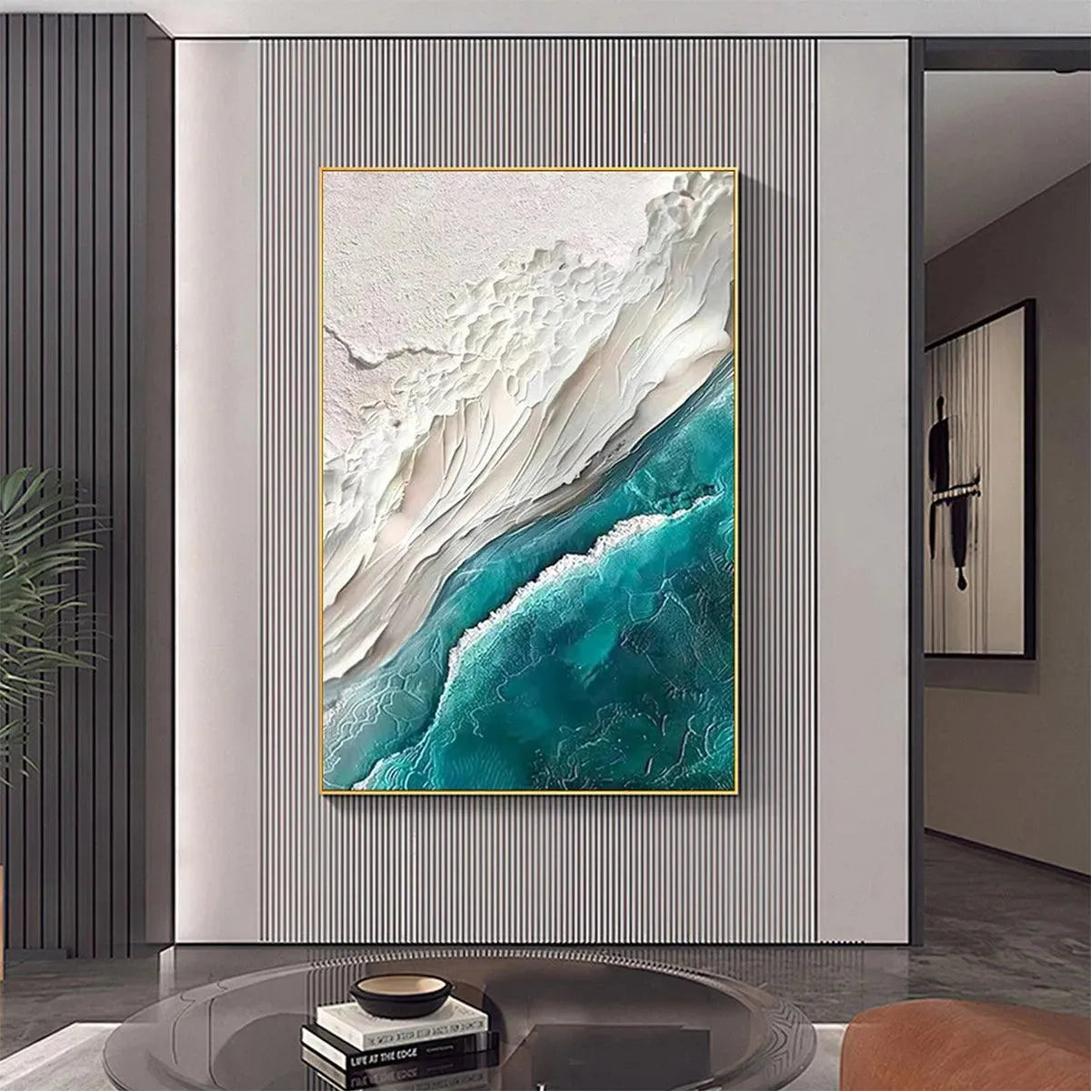 Azure Dream hand-painted white, teal and azure blue textured coastal landscape painting shown with wood frame