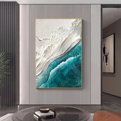 Azure Dream hand-painted white, teal and azure blue textured coastal landscape painting shown with wood frame