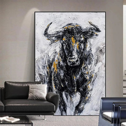 Gold Abstract Textured Oil Painting – Charging Bull