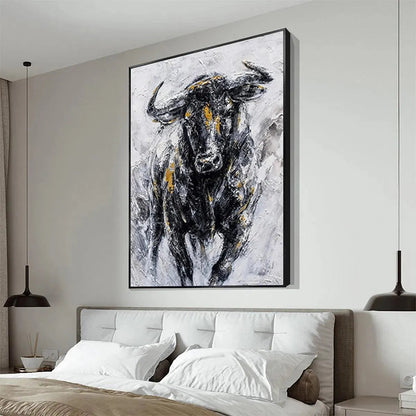 Gold Abstract Textured Oil Painting – Charging Bull