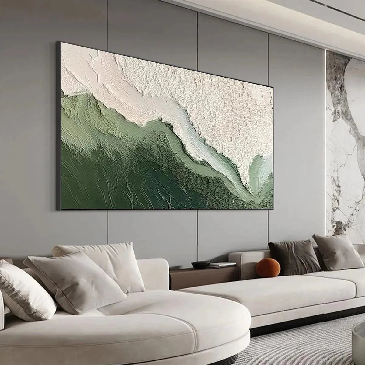 Emerald Flow hand-painted white and emerald green textured coastal landscape painting shown with white frame