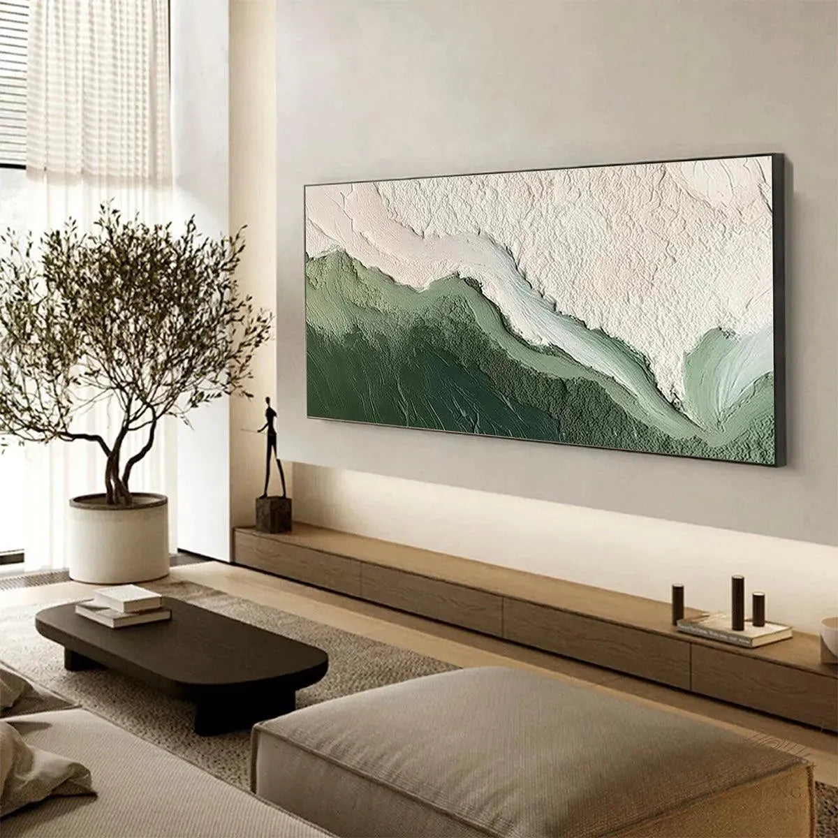 Emerald Flow hand-painted white and emerald green textured coastal landscape painting shown with black frame