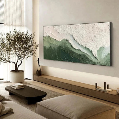 Emerald Flow hand-painted white and emerald green textured coastal landscape painting shown with black frame
