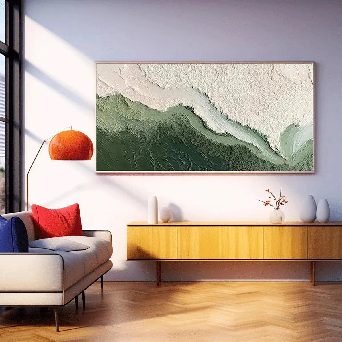 Emerald Flow hand-painted white and emerald green textured coastal landscape painting rolled canvas option