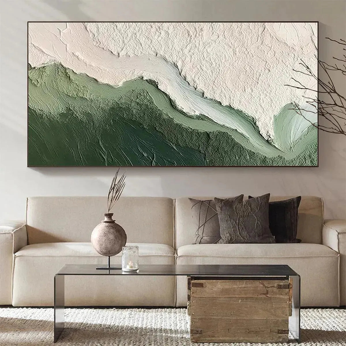 Emerald Flow hand-painted white and emerald green textured coastal landscape painting shown as stretched canvas
