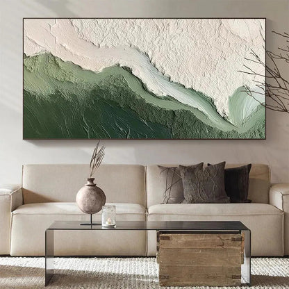 Emerald Flow hand-painted white and emerald green textured coastal landscape painting shown as stretched canvas