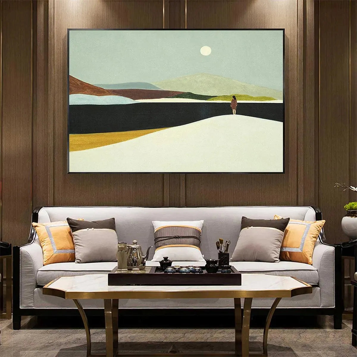 Solitary Figure hand-painted slate blue, ivory and soft grey textured abstract mountain painting shown with black frame
