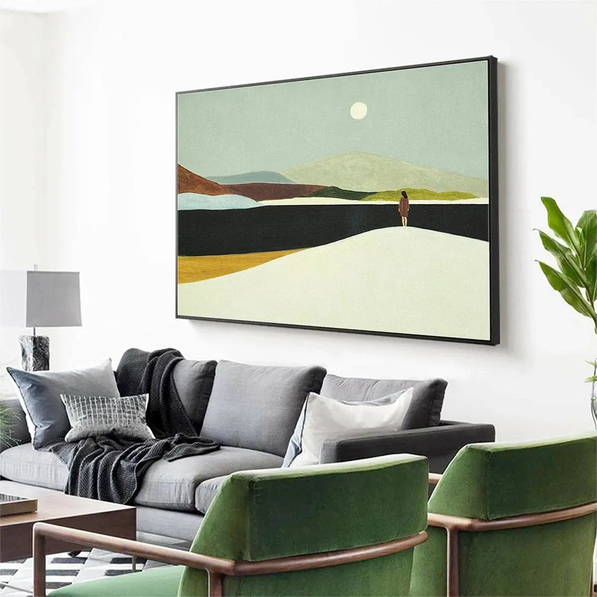 Solitary Figure hand-painted slate blue, ivory and soft grey textured abstract mountain painting shown with white frame