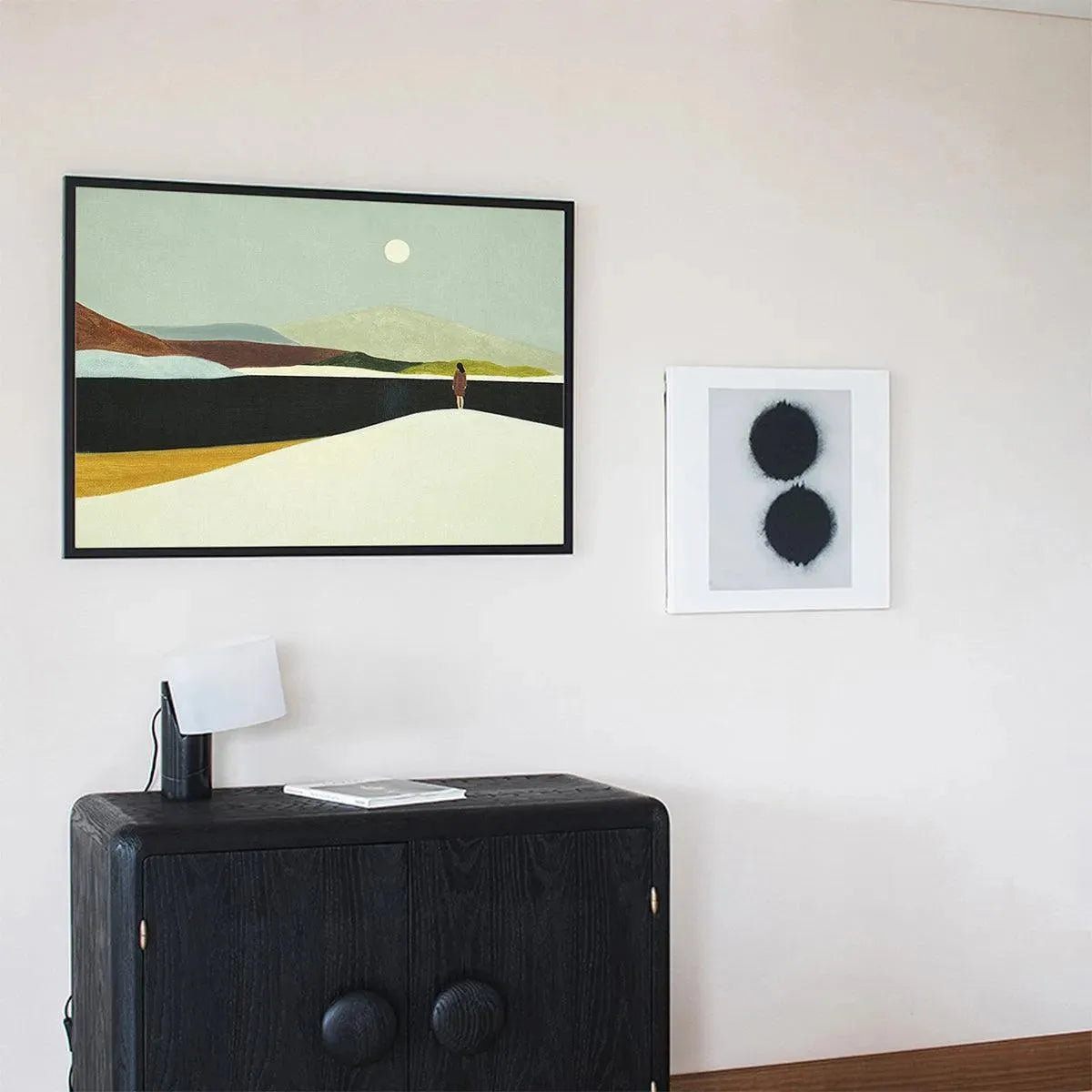 Solitary Figure hand-painted slate blue, ivory and soft grey textured abstract mountain painting shown as stretched canvas