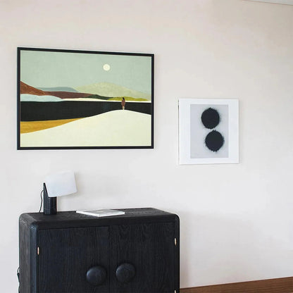 Solitary Figure hand-painted slate blue, ivory and soft grey textured abstract mountain painting shown as stretched canvas