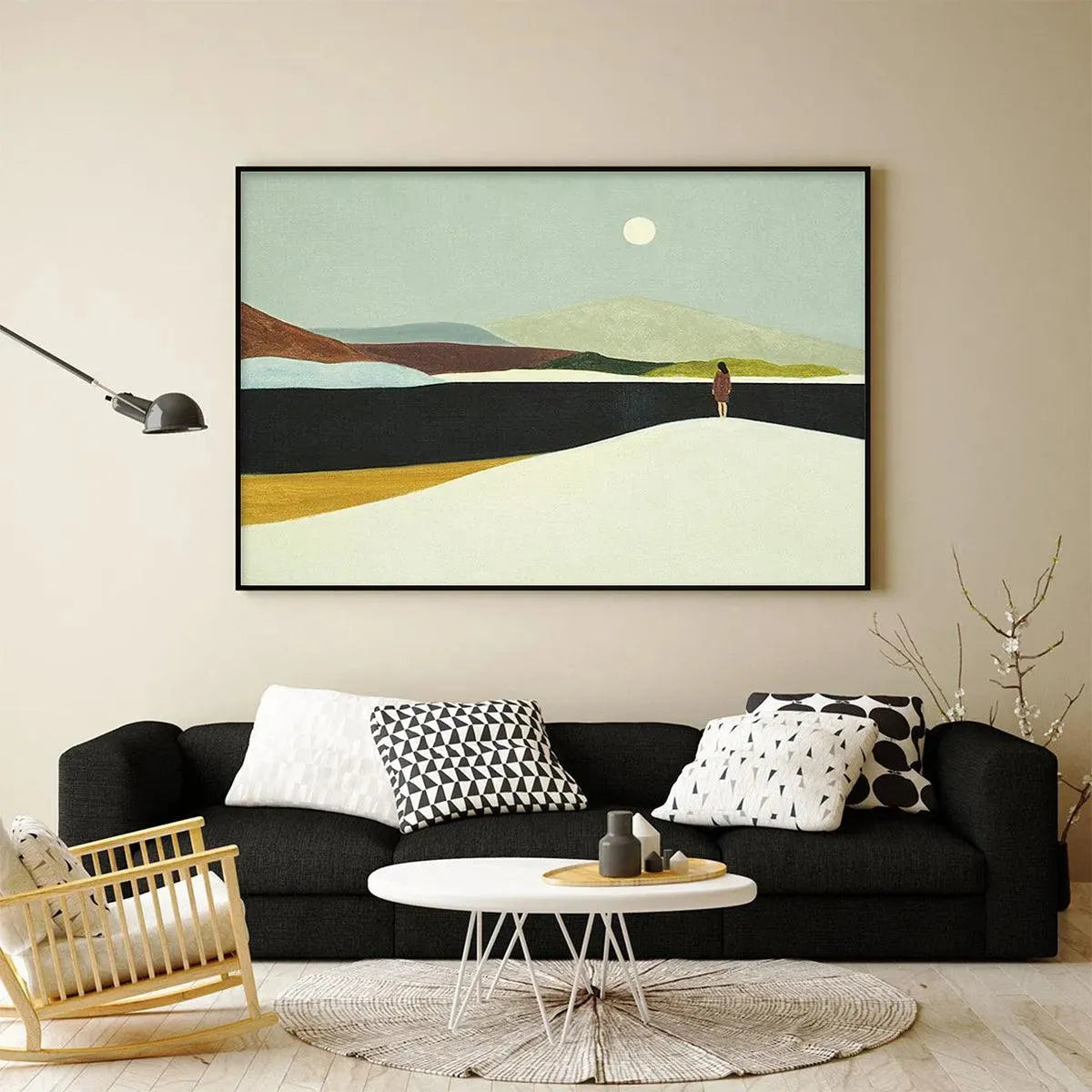 Solitary Figure hand-painted slate blue, ivory and soft grey textured abstract mountain painting shown with gold frame