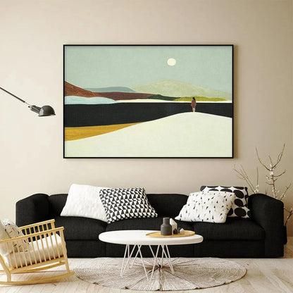 Solitary Figure hand-painted slate blue, ivory and soft grey textured abstract mountain painting shown with gold frame