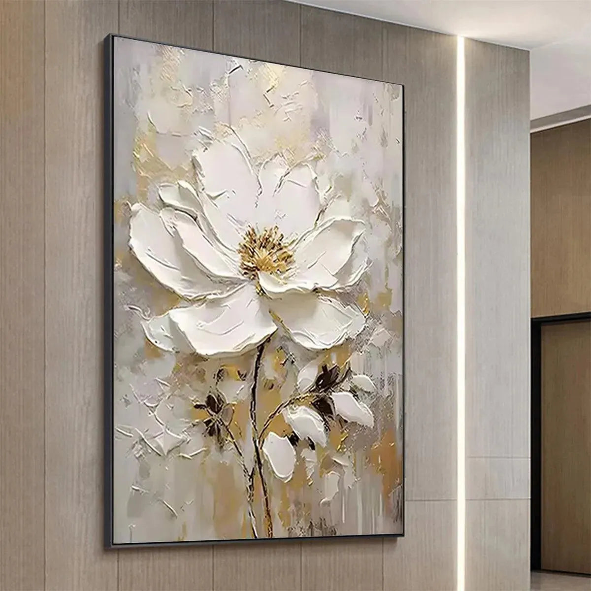 Gold and White Floral Impasto Painting – White Blossom
