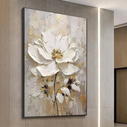 Gold and White Floral Impasto Painting – White Blossom