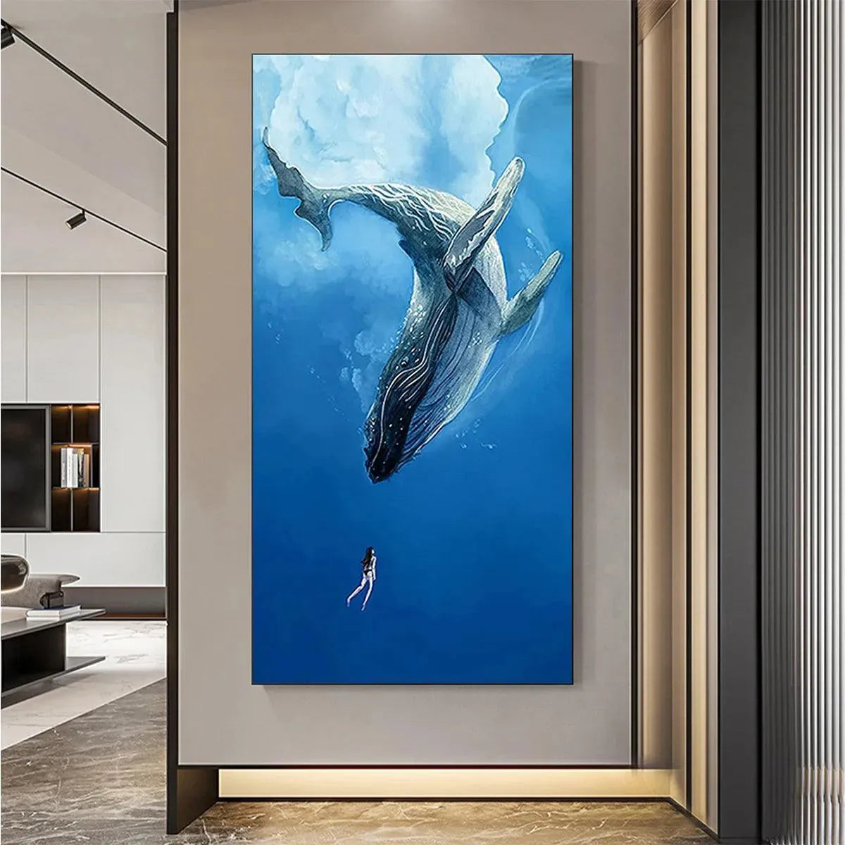 Blue Underwater Oil Painting – Whale Encounter