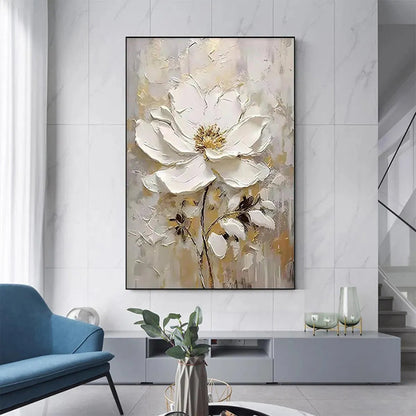 Gold and White Floral Impasto Painting – White Blossom