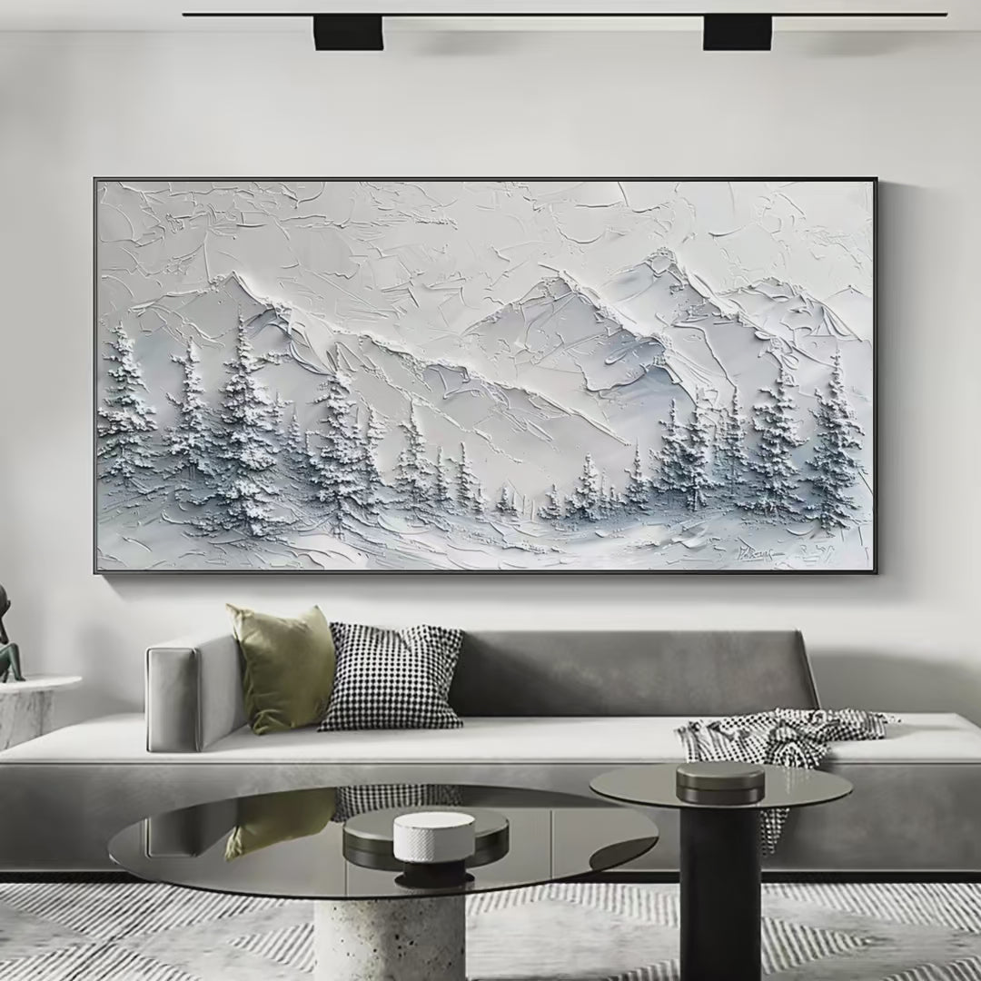 Winter's Embrace hand-painted white, soft grey and slate blue textured mountain landscape painting shown with silver frame