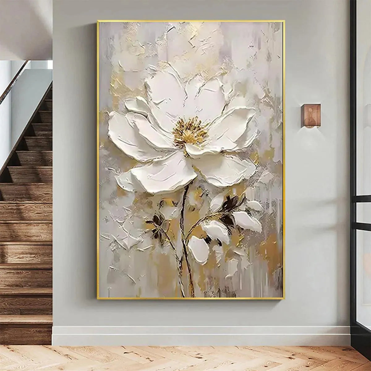 Gold and White Floral Impasto Painting – White Blossom