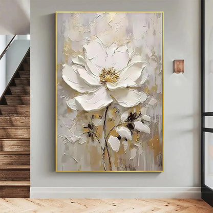 Gold and White Floral Impasto Painting – White Blossom