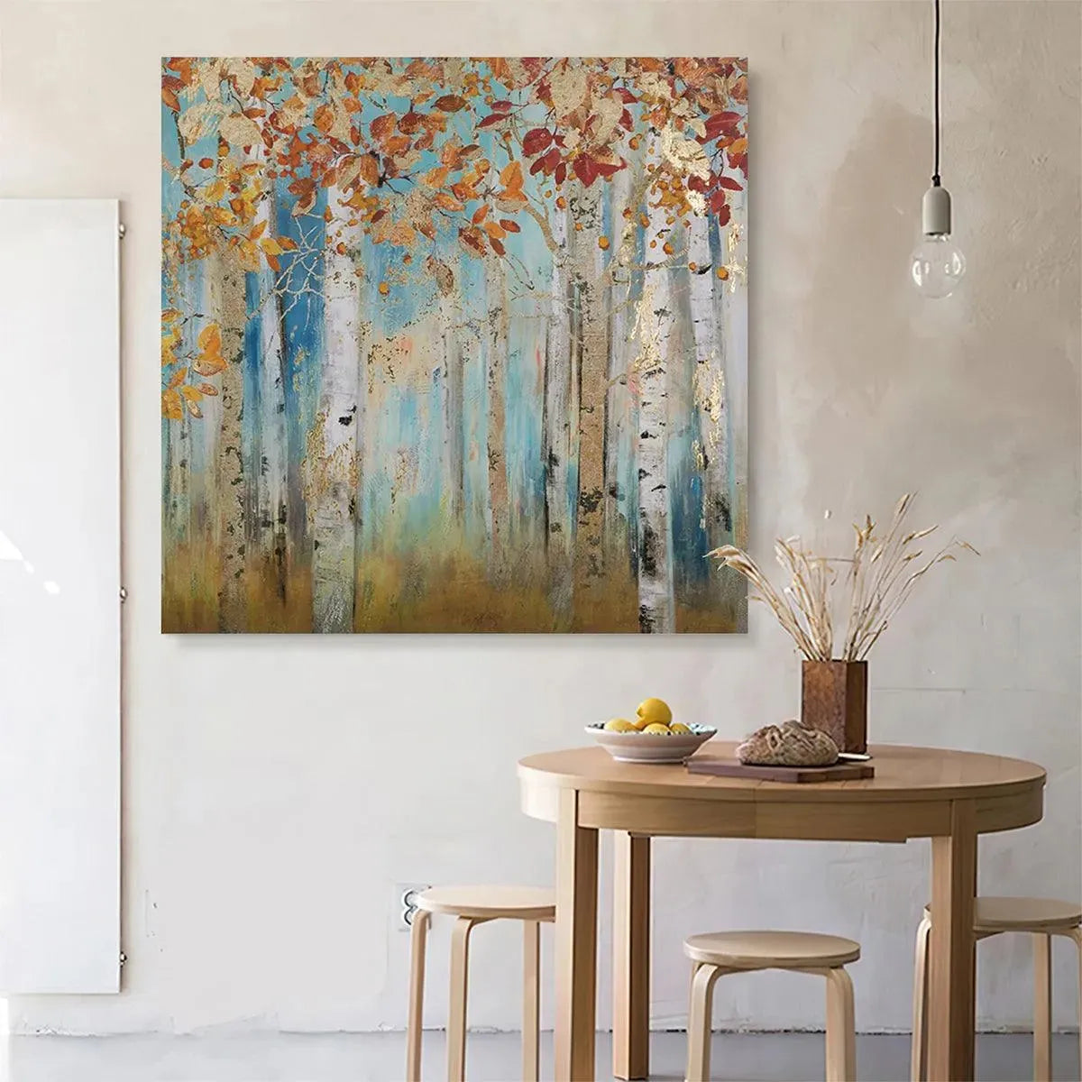 Golden Autumn Forest hand-painted gold and ivory textured forest landscape painting shown with black frame