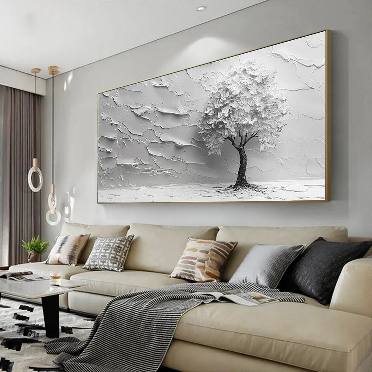 Serene Tree hand-painted white and soft beige textured tree painting shown with white frame