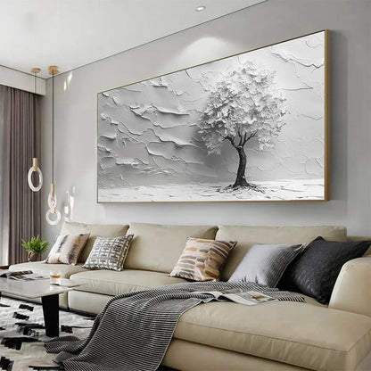Serene Tree hand-painted white and soft beige textured tree painting shown with white frame