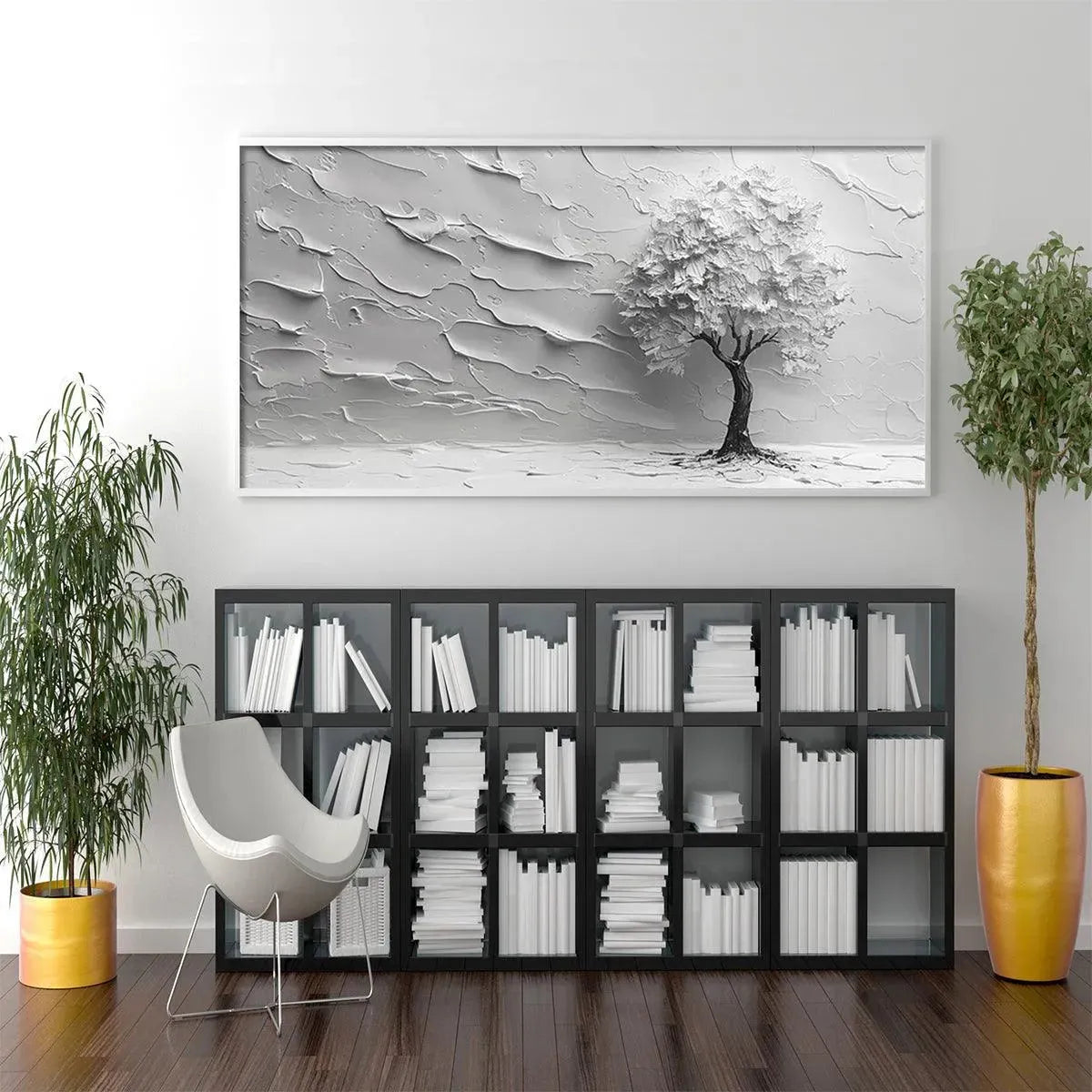 Serene Tree hand-painted white and soft beige textured tree painting shown with black frame