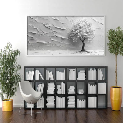 Serene Tree hand-painted white and soft beige textured tree painting shown with black frame