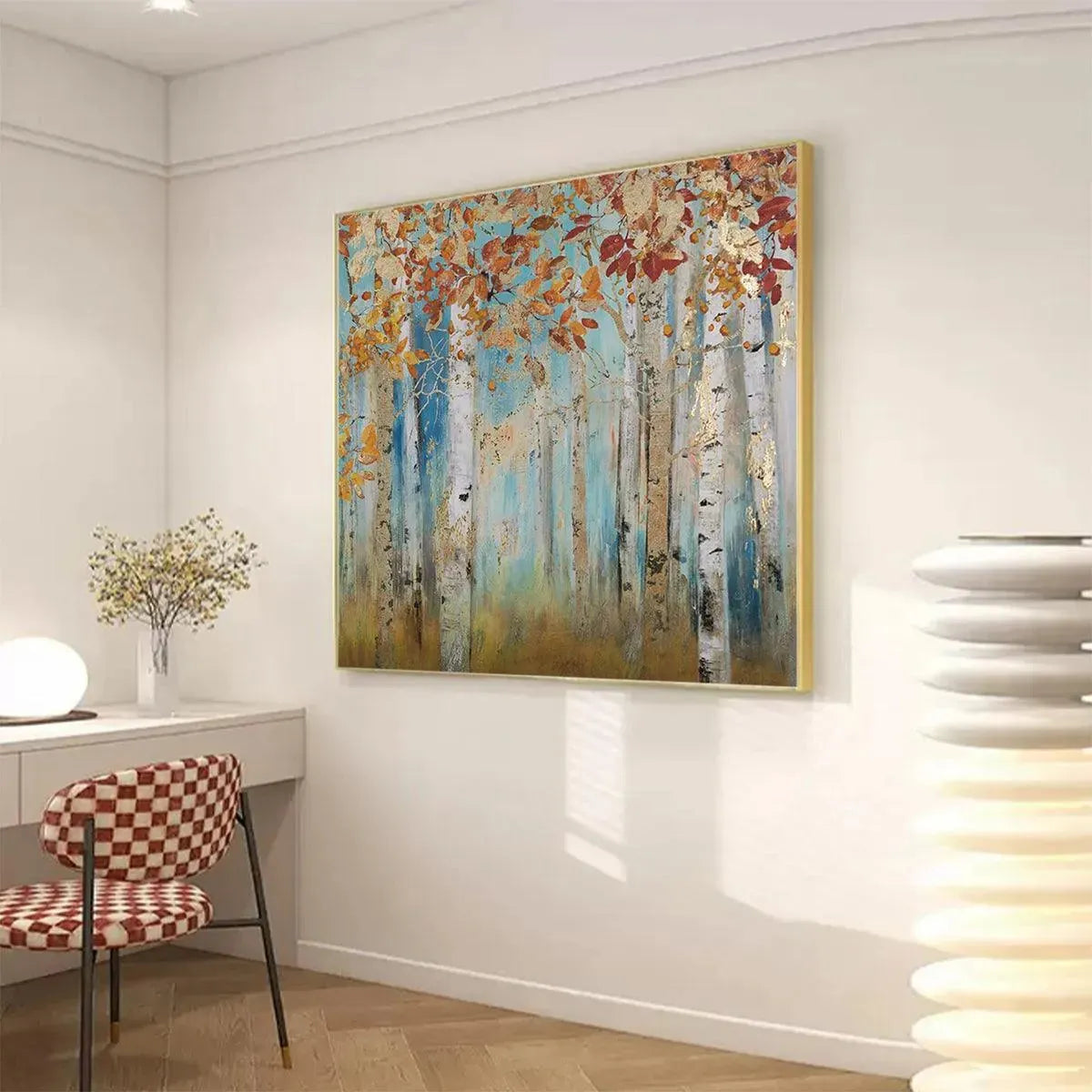 Golden Autumn Forest hand-painted gold and ivory textured forest landscape painting shown with white frame