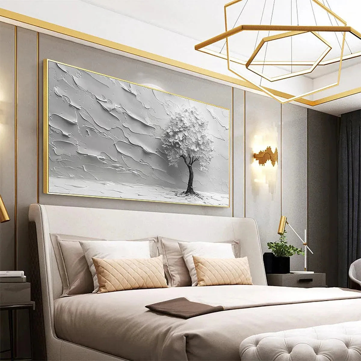 Serene Tree hand-painted white and soft beige textured tree painting shown with wood frame
