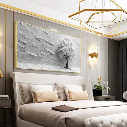 Serene Tree hand-painted white and soft beige textured tree painting shown with wood frame