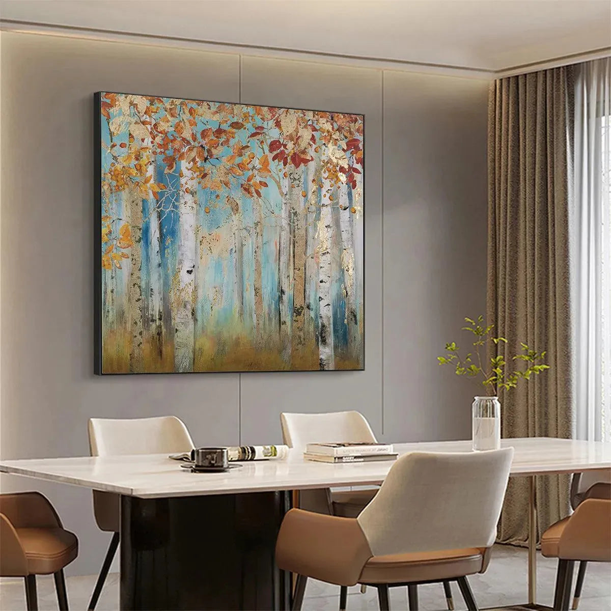 Golden Autumn Forest hand-painted gold and ivory textured forest landscape painting shown with gold frame