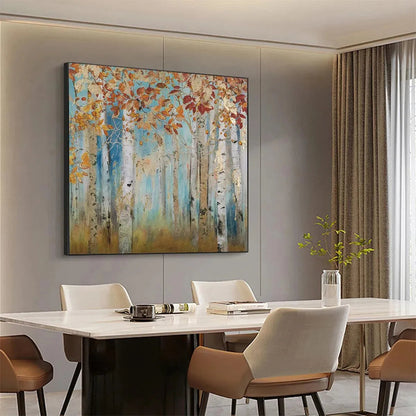 Golden Autumn Forest hand-painted gold and ivory textured forest landscape painting shown with gold frame