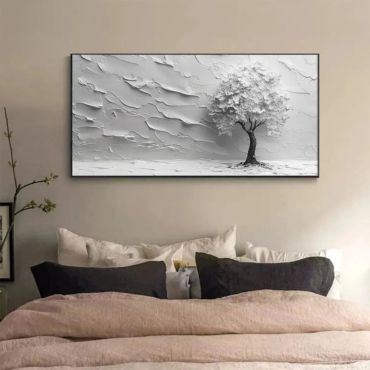 Serene Tree hand-painted white and soft beige textured tree painting rolled canvas option