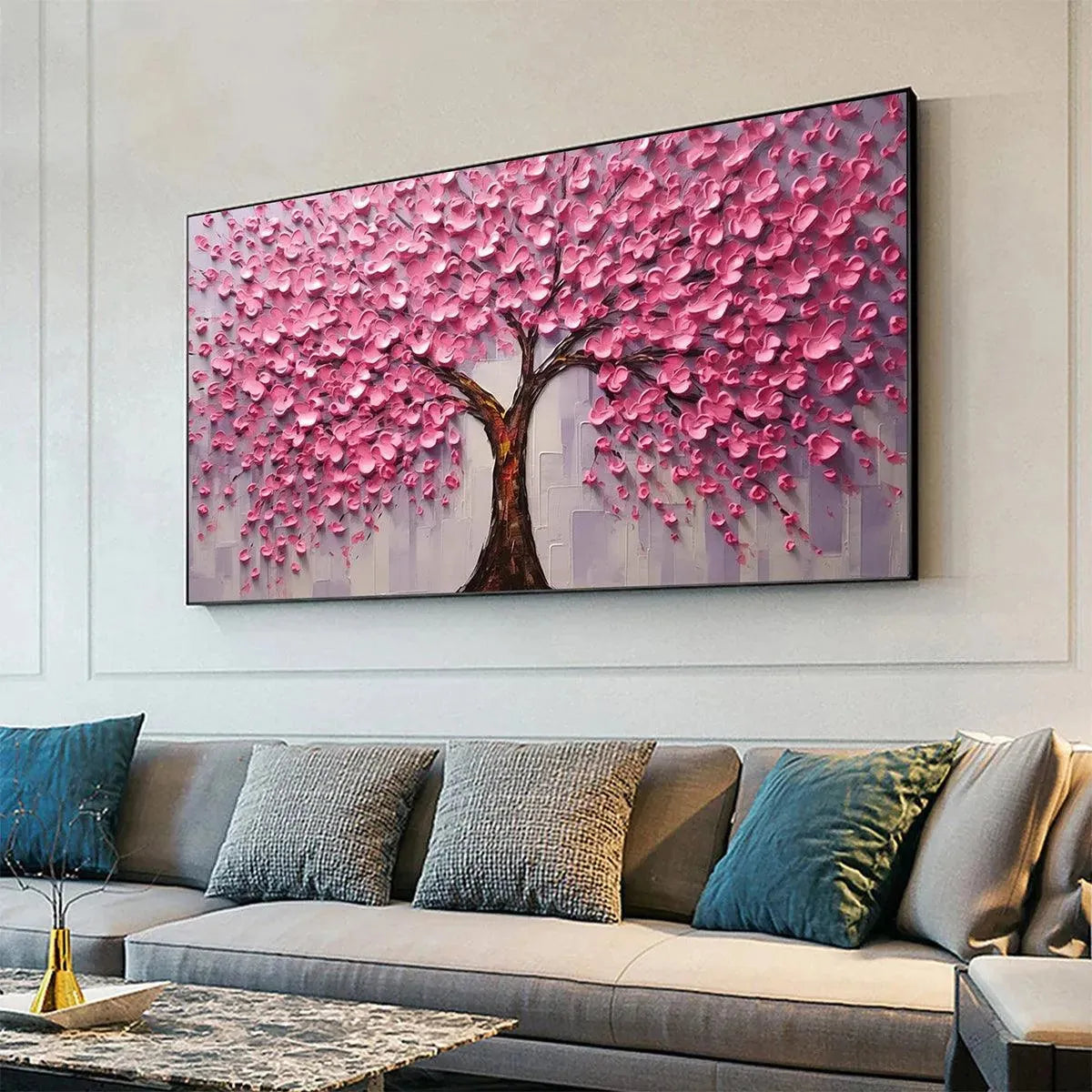Pink Blossom Abundance hand-painted pink and ivory textured blossom tree painting shown with black frame