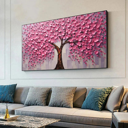 Pink Blossom Abundance hand-painted pink and ivory textured blossom tree painting shown with black frame