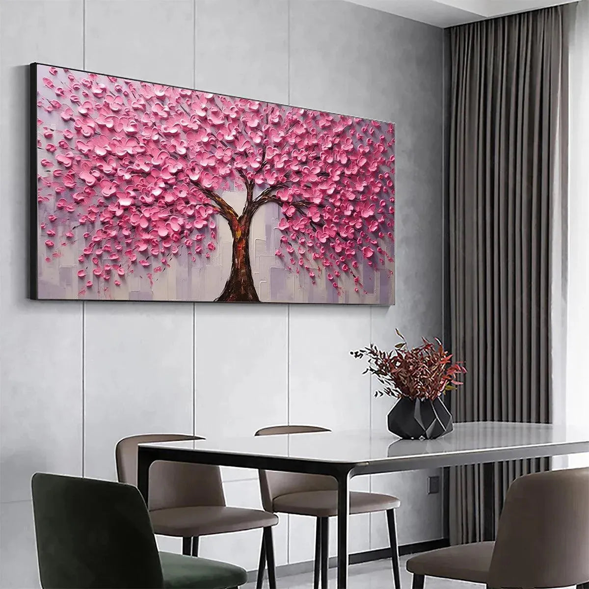 Pink Blossom Abundance hand-painted pink and ivory textured blossom tree painting shown with white frame
