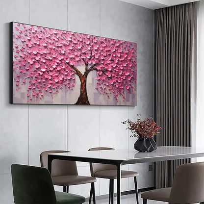 Pink Blossom Abundance hand-painted pink and ivory textured blossom tree painting shown with white frame