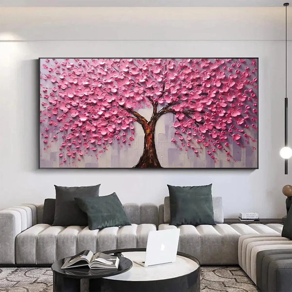 Pink Blossom Abundance hand-painted pink and ivory textured blossom tree painting shown as stretched canvas