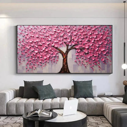 Pink Blossom Abundance hand-painted pink and ivory textured blossom tree painting shown as stretched canvas