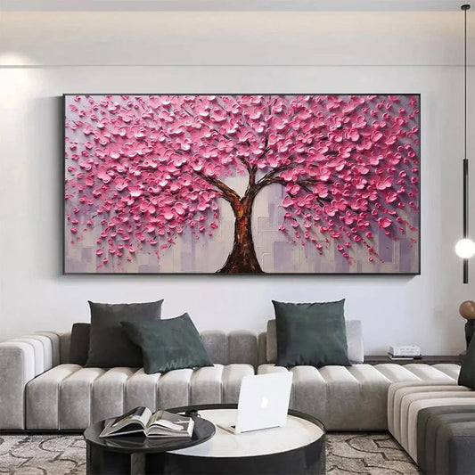 Pink Blossom Abundance hand-painted pink and ivory textured blossom tree painting shown as stretched canvas