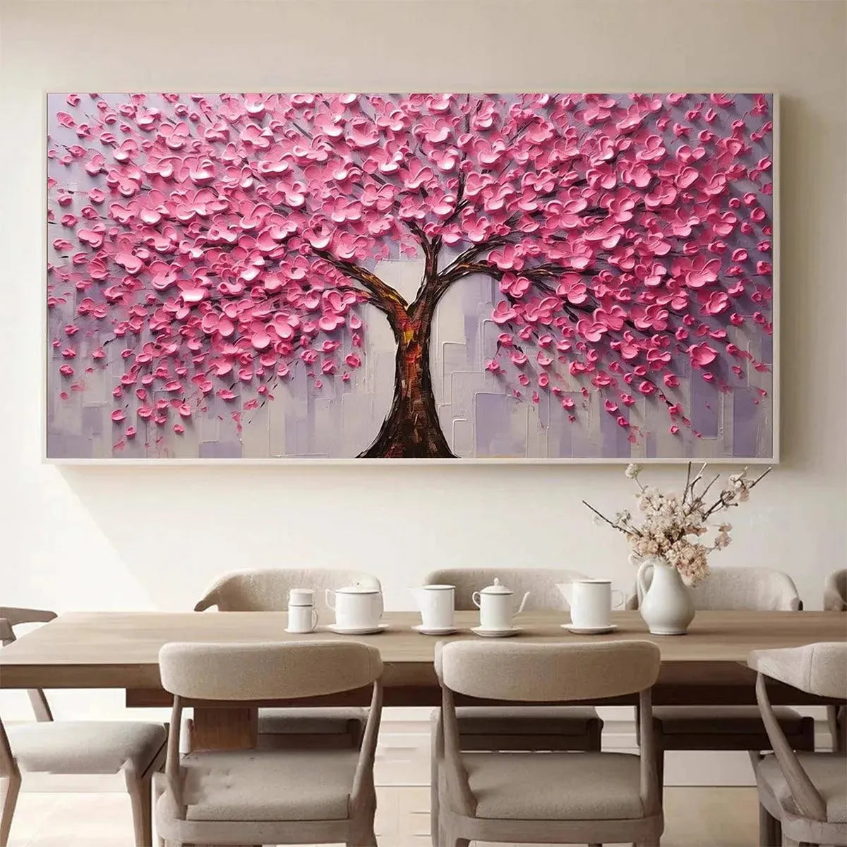 Pink Blossom Abundance hand-painted pink and ivory textured blossom tree painting shown as stretched canvas
