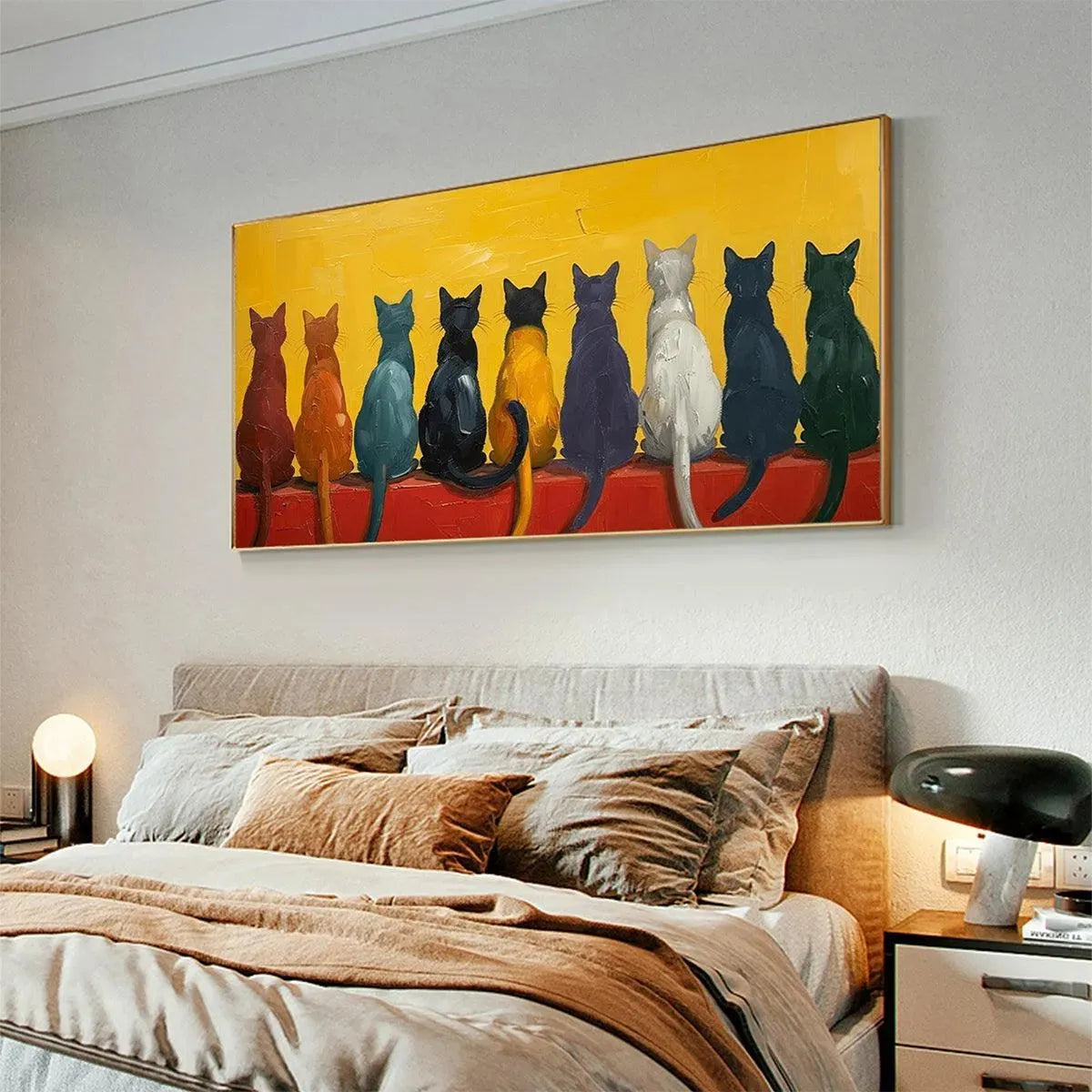 Colorful Cat Textured Oil Painting – Cats In A Row
