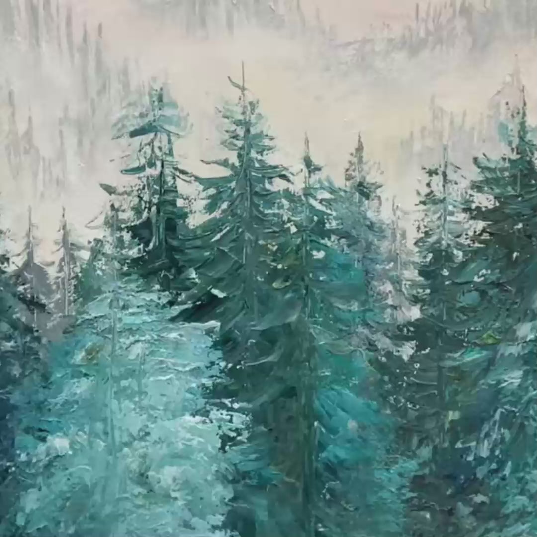 Misty Pines hand-painted green and pink textured forest landscape painting shown with gold frame