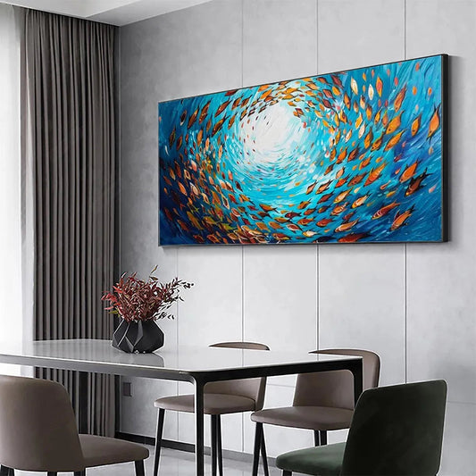 Oceanic Whirl hand-painted ocean blue and ivory textured school of fish painting shown as stretched canvas