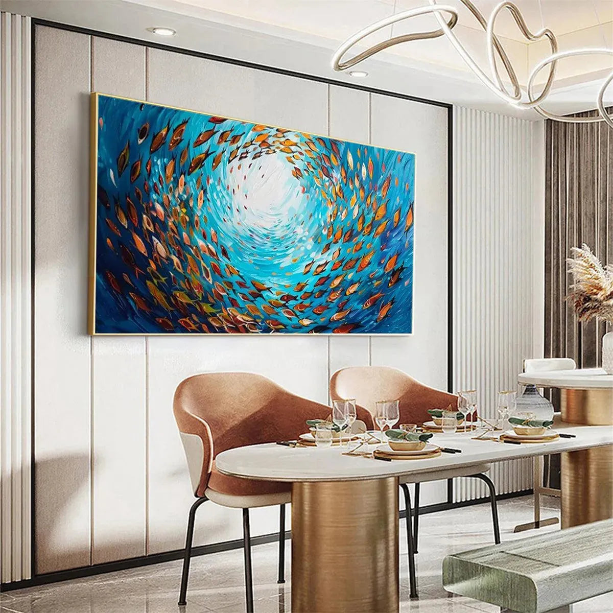 Oceanic Whirl hand-painted ocean blue and ivory textured school of fish painting shown with silver frame