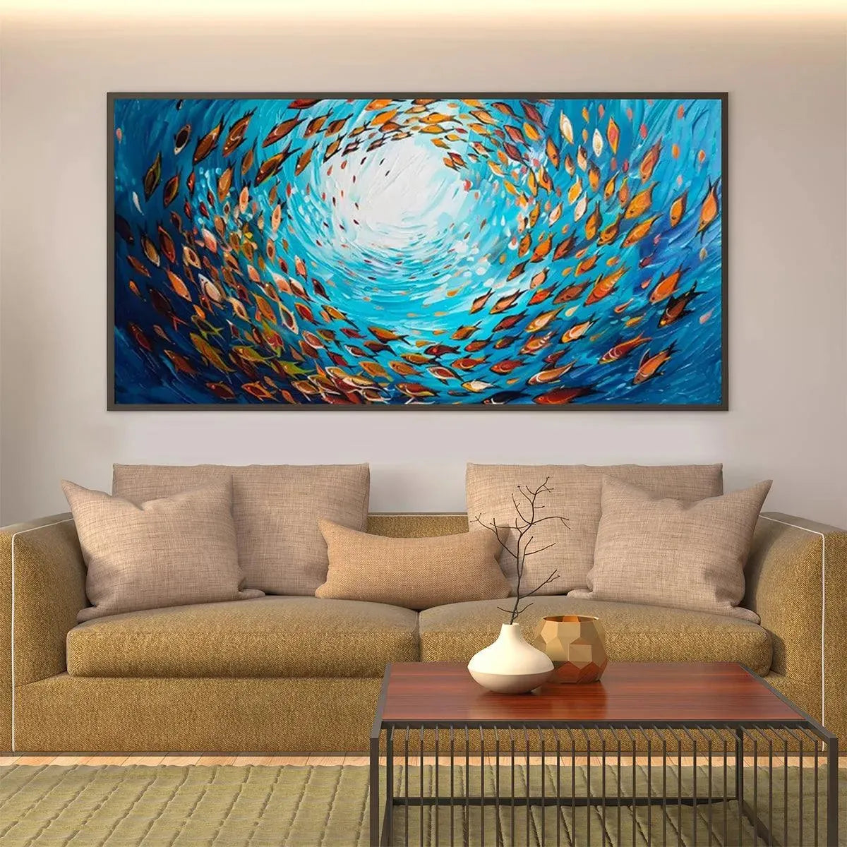 Oceanic Whirl hand-painted ocean blue and ivory textured school of fish painting shown with white frame