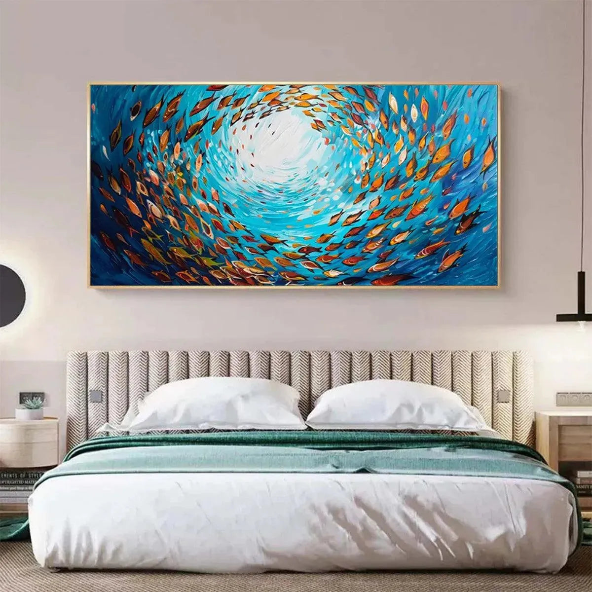 Oceanic Whirl hand-painted ocean blue and ivory textured school of fish painting rolled canvas option