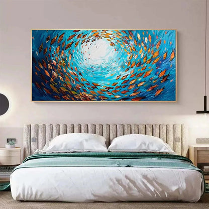 Oceanic Whirl hand-painted ocean blue and ivory textured school of fish painting rolled canvas option