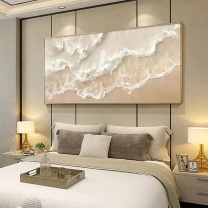 Sandy Whispers hand-painted sand and ivory textured coastal abstract painting shown with white frame